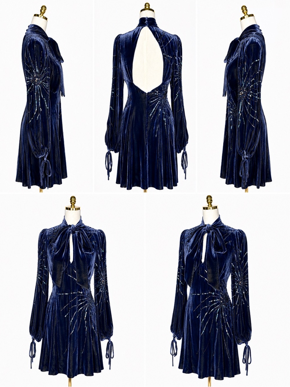 Marc Jacobs Midnight Blue Velvet Bow-Tie Long Sleeve Dress - Picture 2 of 6